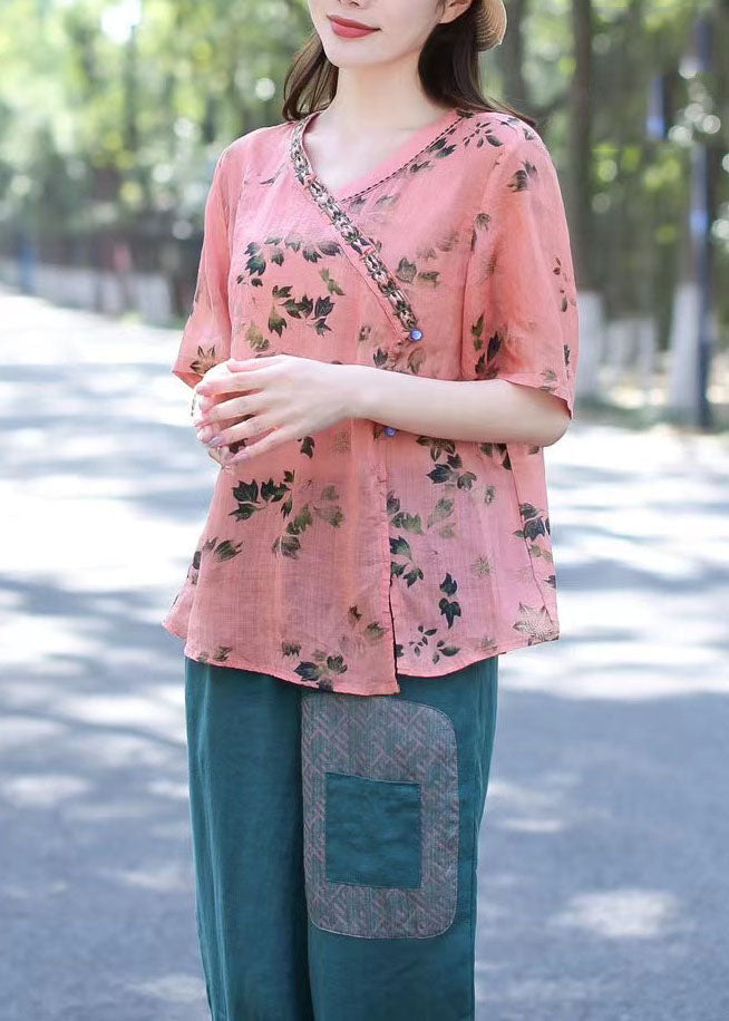 Pink V Neck Print Patchwork Linen Shirt Top Summer