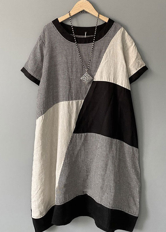 Plaid Print O Neck Patchwork Cotton Mid Dress Summer