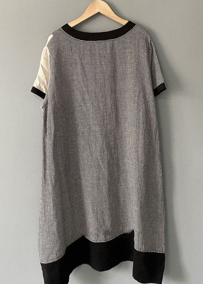 Plaid Print O Neck Patchwork Cotton Mid Dress Summer