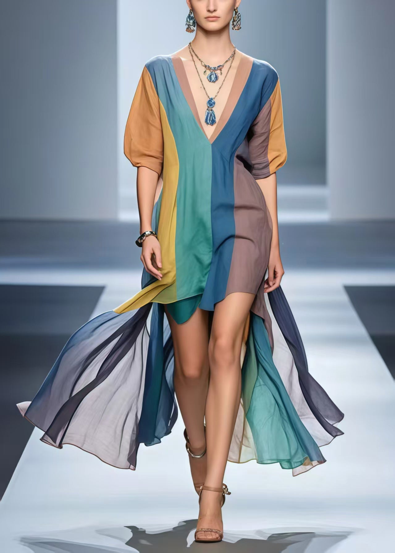 Polychrome Cotton Mid Dress Low High Design Summer