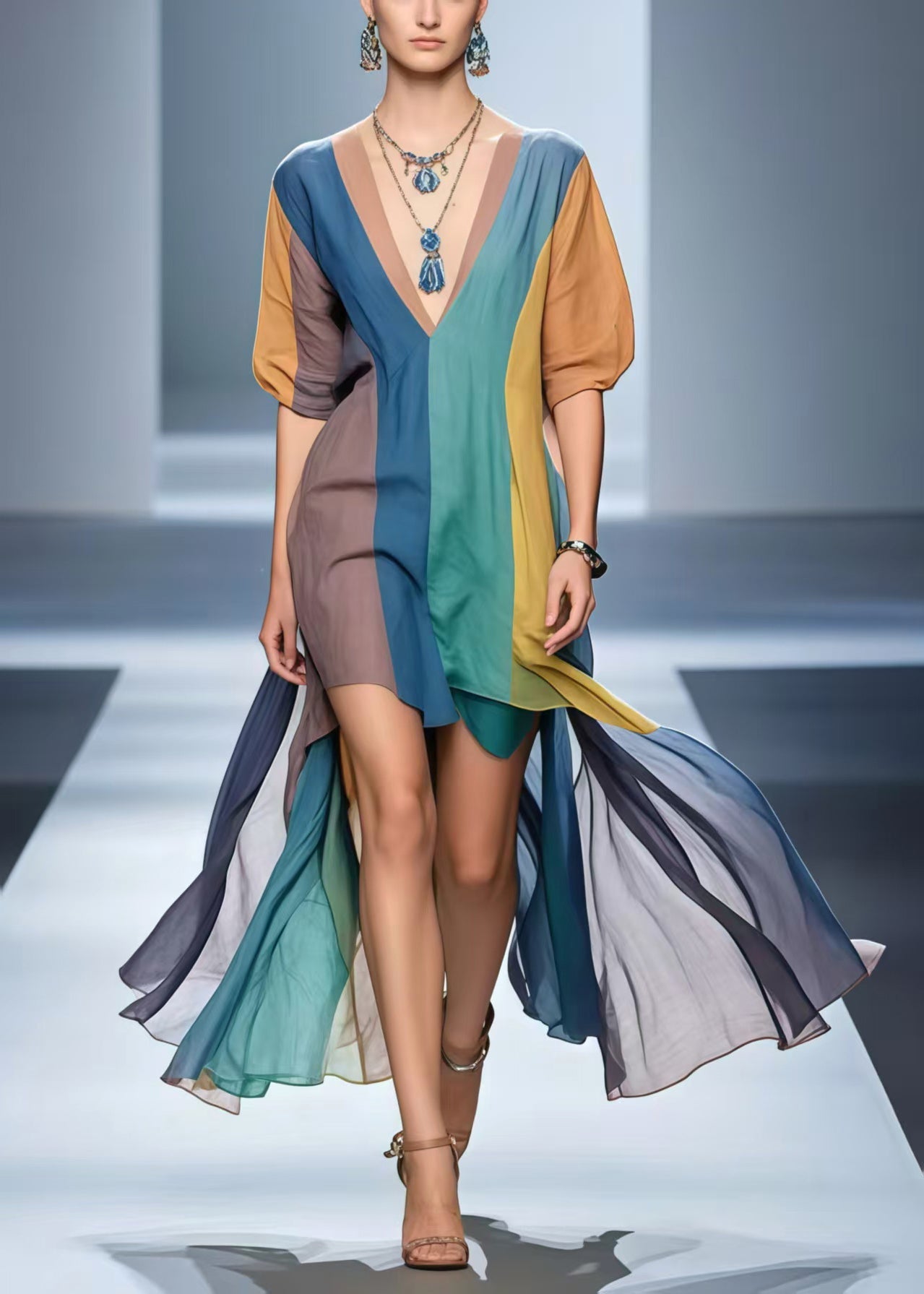 Polychrome Cotton Mid Dress Low High Design Summer
