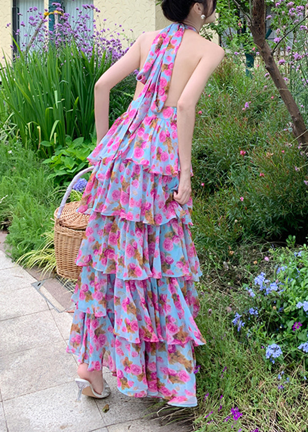 Print Ruffled Halter Backless Beach Dress Summer