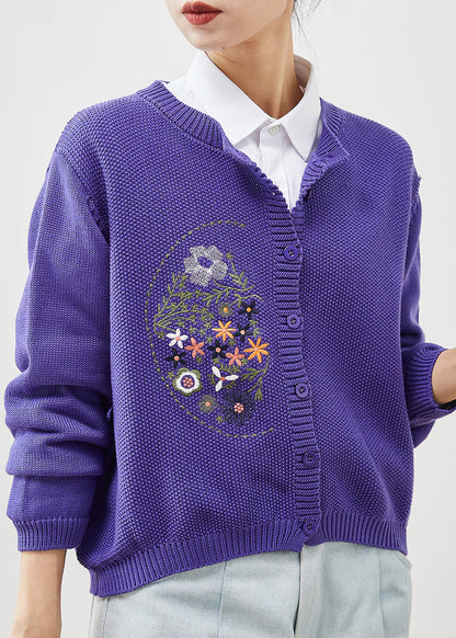 Purple Embroidered Knit Cardigans Spring