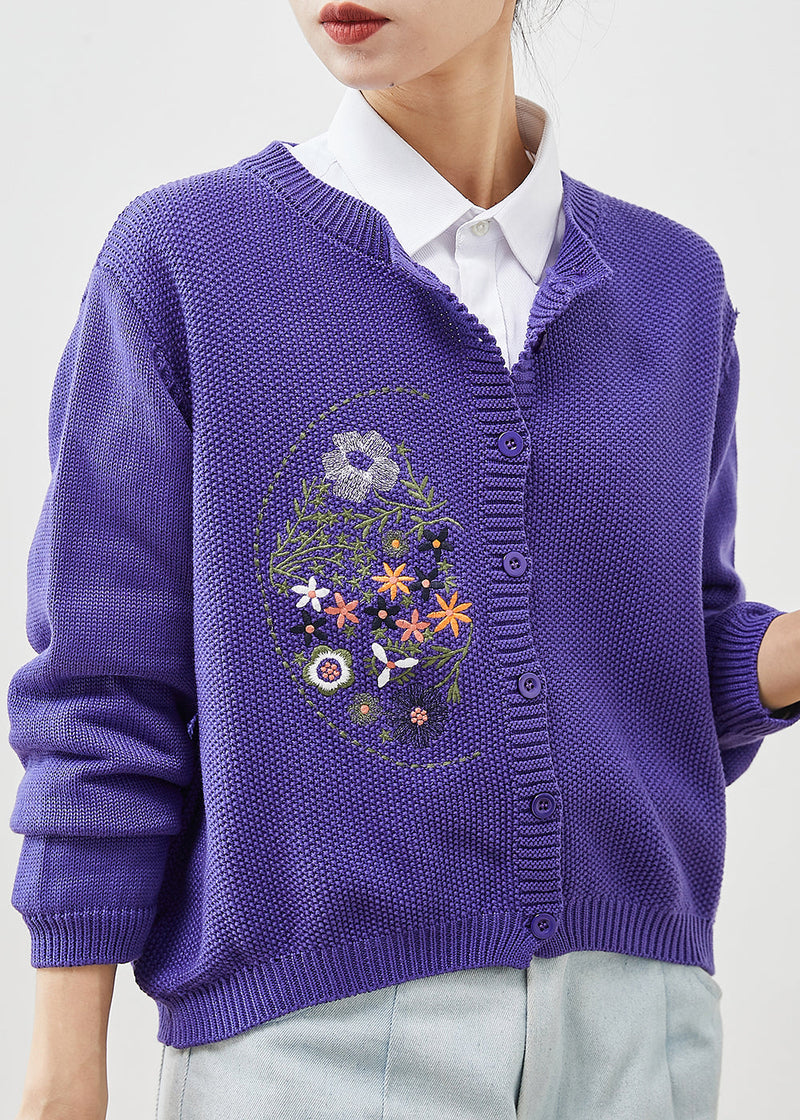 Purple Embroidered Knit Cardigans Spring