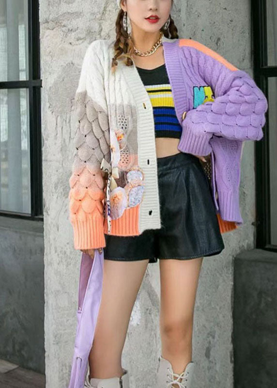 Purple Loose Patchwork Fall Coat Sweater