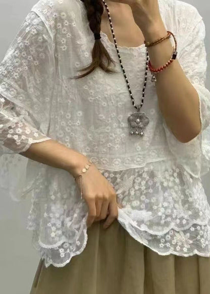 Purple O Neck Embroideried Lace Blouses Bracelet Sleeve