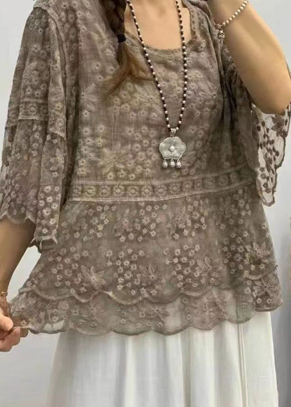Purple O Neck Embroideried Lace Blouses Bracelet Sleeve