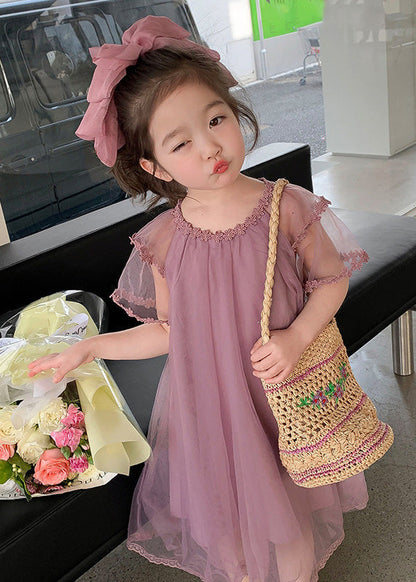 Purple O-neck Patchwork Tulle Maxi Dress Summer
