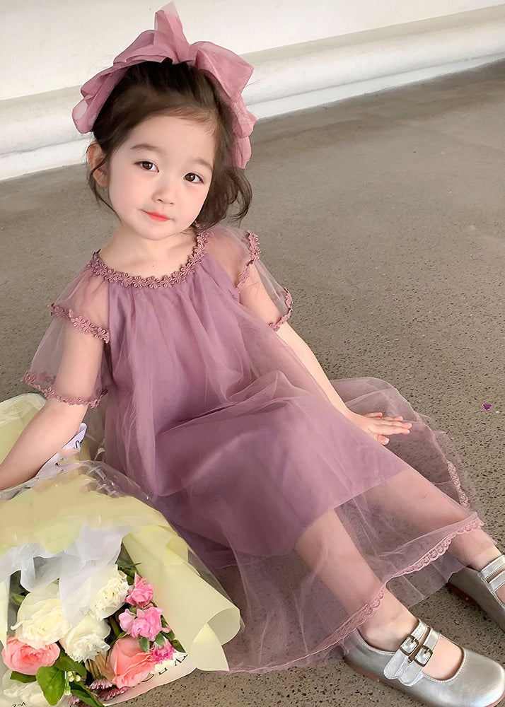 Purple O-neck Patchwork Tulle Maxi Dress Summer