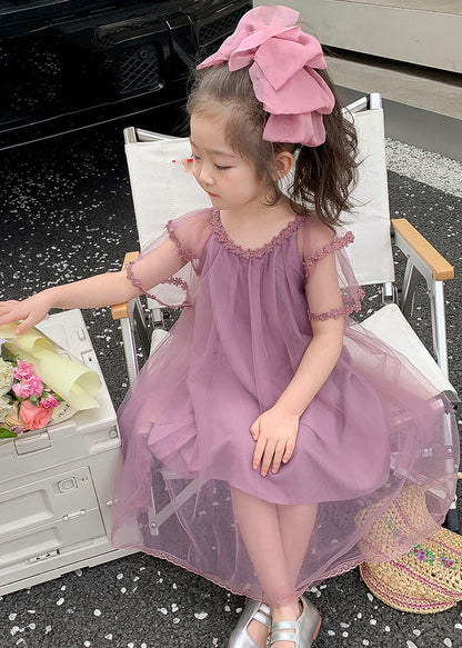 Purple O-neck Patchwork Tulle Maxi Dress Summer