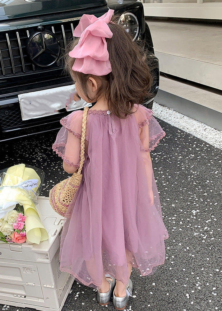 Purple O-neck Patchwork Tulle Maxi Dress Summer