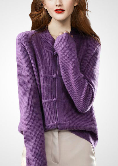 Purple O-neck Oriental Button Wool Knit Cardigans Winter