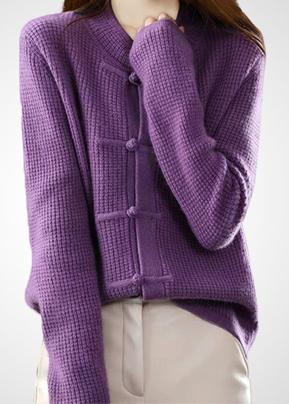 Purple O-neck Oriental Button Wool Knit Cardigans Winter