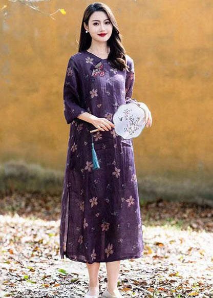 Purple O Neck Print Button Patchwork Linen Long Dress Summer