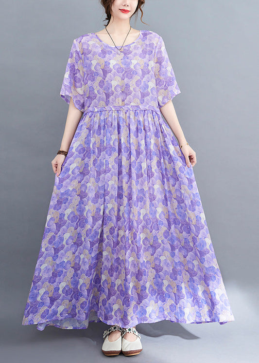 Purple O-neck Print Patchwork Cotton Long Dress Short Sleeve