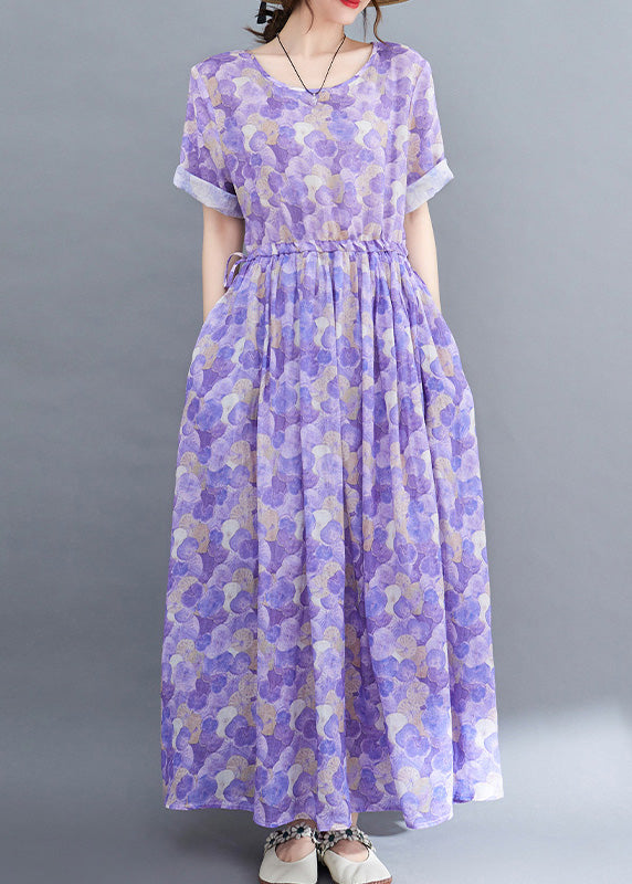 Purple O-neck Print Patchwork Cotton Long Dress Short Sleeve