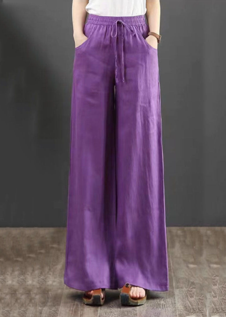 Purple Pockets Elastic Waist Cotton Wide Leg Pants Summer