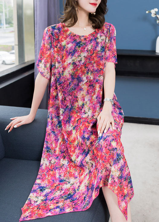 Purple Print Asymmetrical Design Patchwork Chiffon Dresses Summer