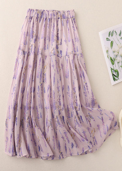 Purple Print Elastic Waist Cotton Skirt Summer