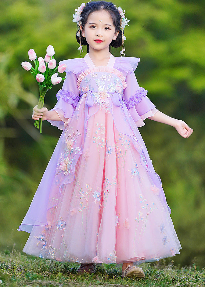 Purple V Neck Patchwork Embroideried Tie Waist Tulle Maxi Dress Half Sleeve