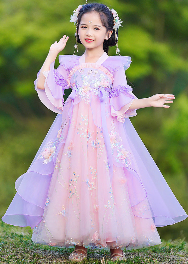 Purple V Neck Patchwork Embroideried Tie Waist Tulle Maxi Dress Half Sleeve