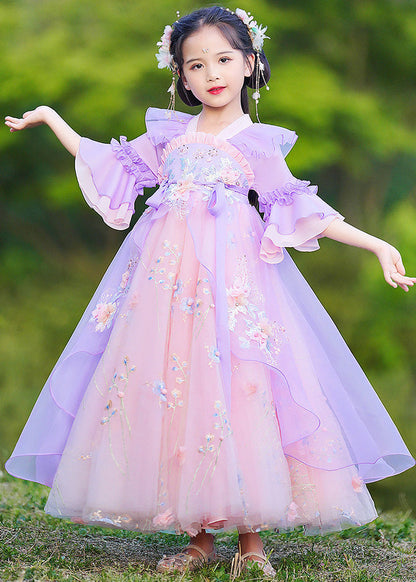 Purple V Neck Patchwork Embroideried Tie Waist Tulle Maxi Dress Half Sleeve