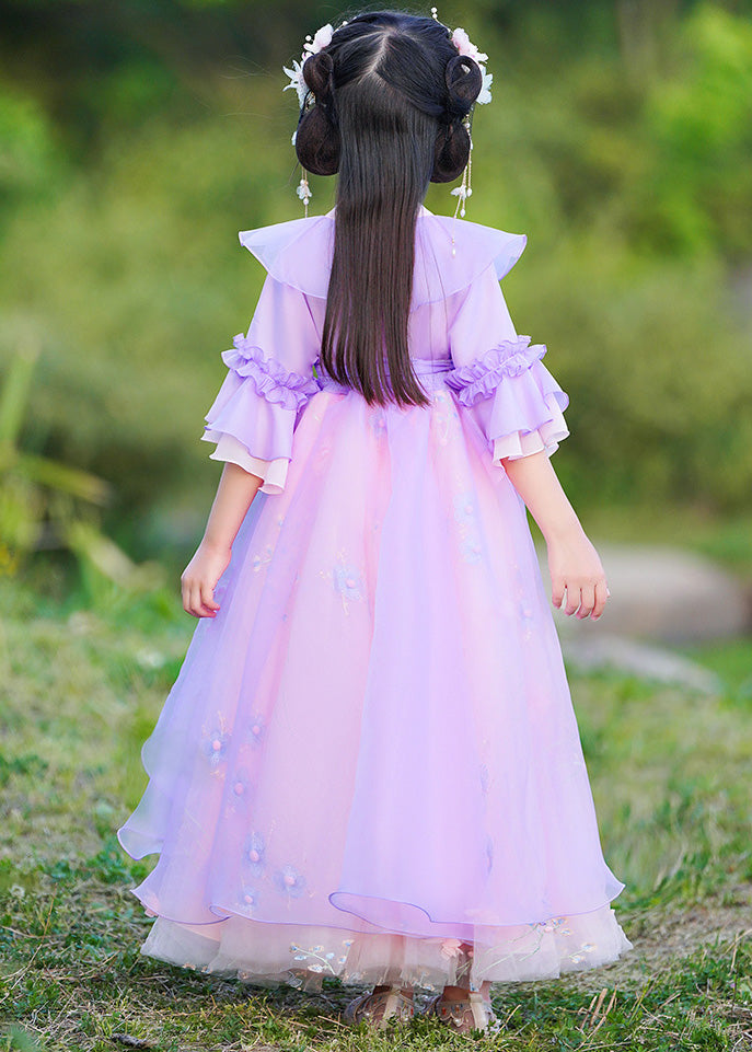 Purple V Neck Patchwork Embroideried Tie Waist Tulle Maxi Dress Half Sleeve