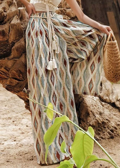 Rainbow Plaid Elastic Waist Wide Leg Pants Summer