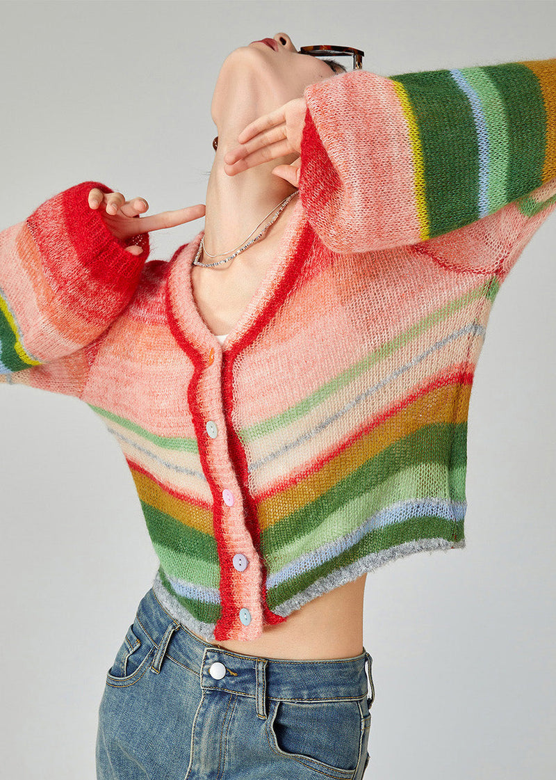 Rainbow V Neck Button Cotton Knit Cardigans Spring