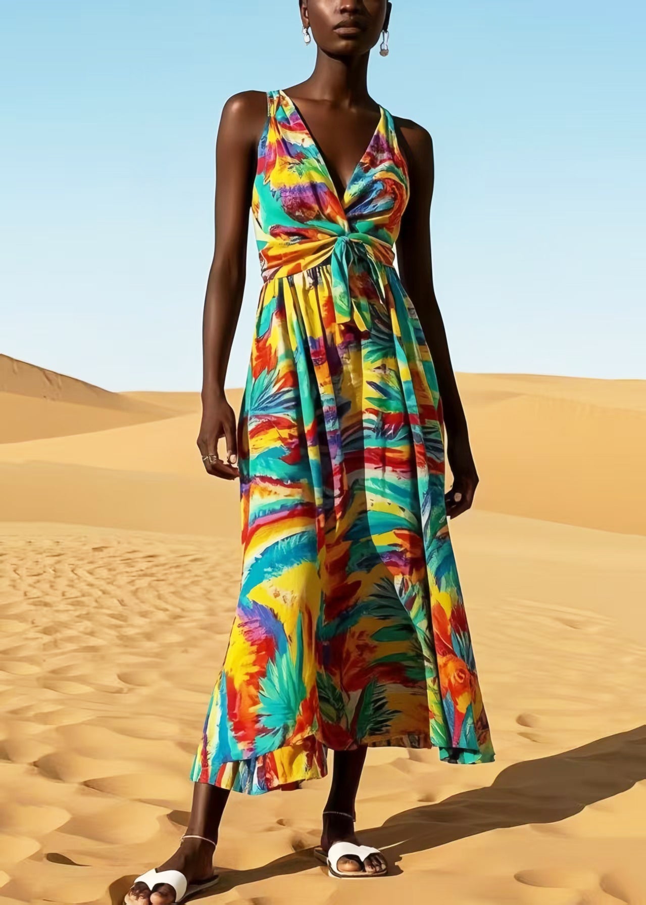 Rainbow V Neck Print Cotton Cami Dress Summer