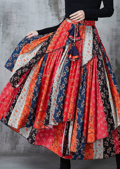 Red Asymmetrical Patchwork Cotton Skirt Spring