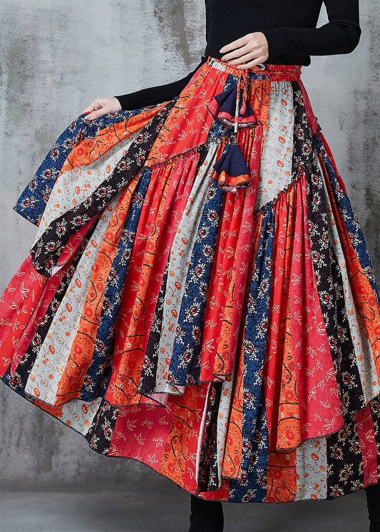 Red Asymmetrical Patchwork Cotton Skirt Spring