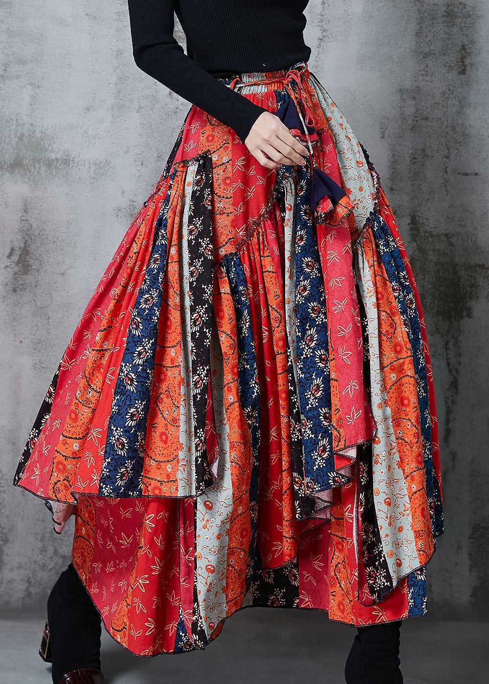 Red Asymmetrical Patchwork Cotton Skirt Spring