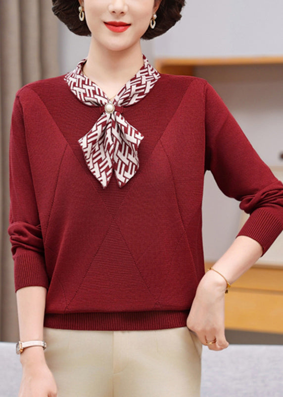 Red Bow Plaid Cotton Knit Sweaters Fall