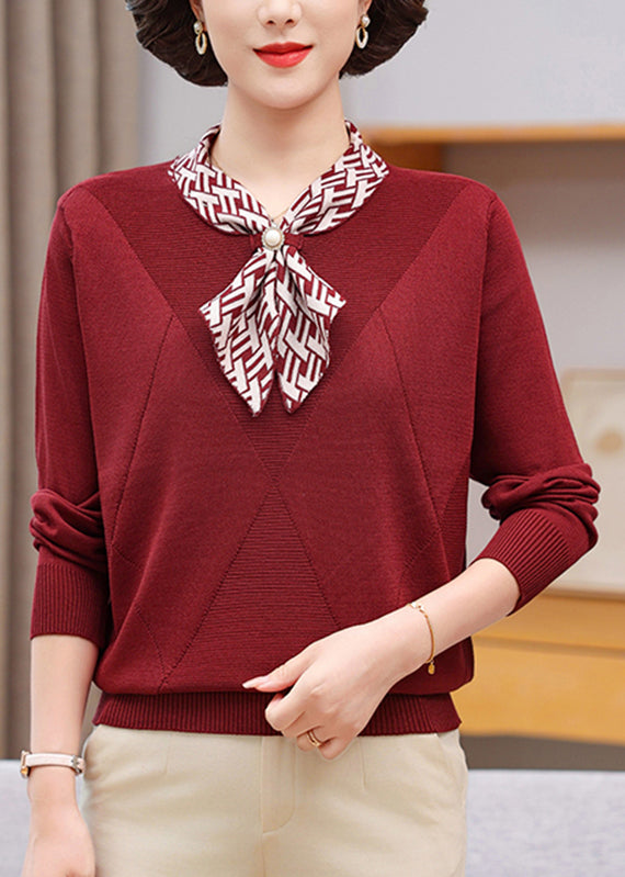 Red Bow Plaid Cotton Knit Sweaters Fall