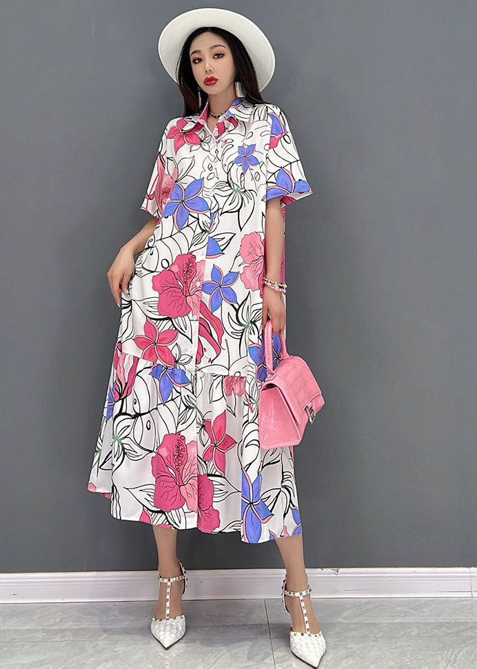Red Print Peter Pan Collar Vacation Dresses Short Sleeve