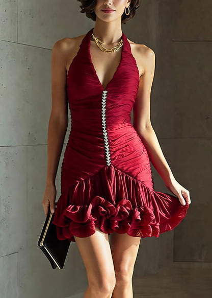 Red Halter Ruffled Organza Tea Dress Summer