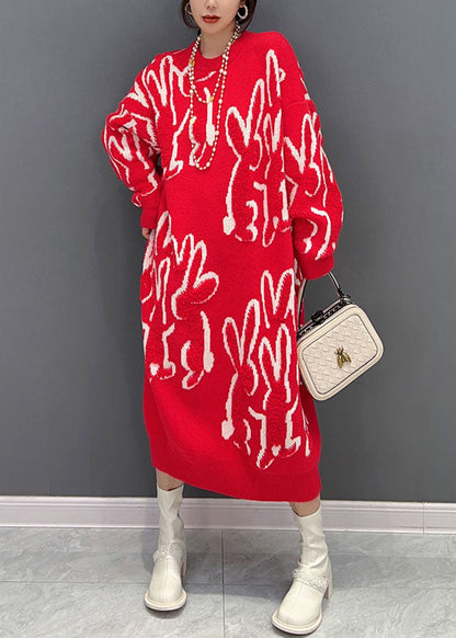Red O Neck Animal Jacquard Knit Sweater Dress Winter