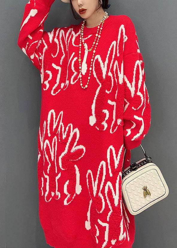 Red O Neck Animal Jacquard Knit Sweater Dress Winter