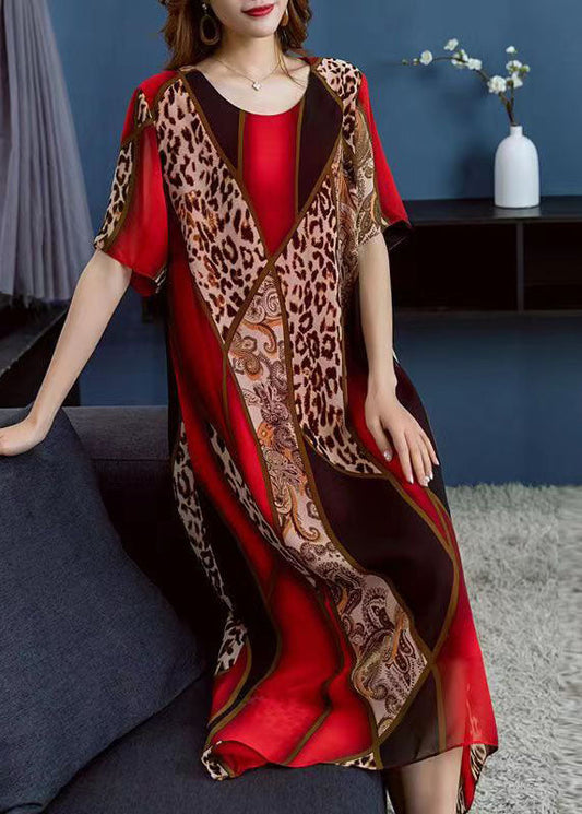 Red O Neck Leopard Print Patchwork Chiffon Dress Summer