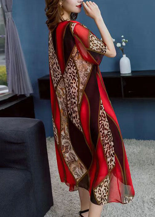Red O Neck Leopard Print Patchwork Chiffon Dress Summer