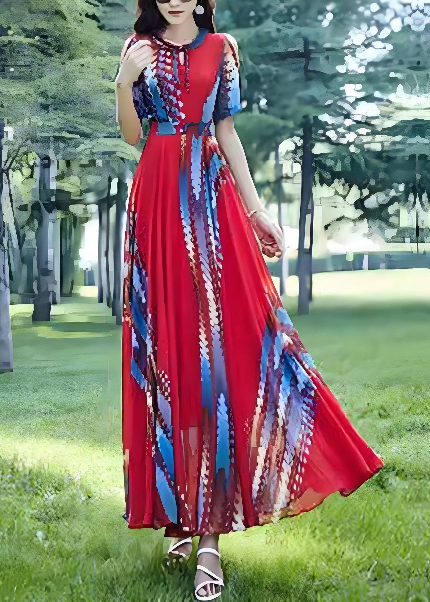 Red O Neck Print Chiffon Long Dress Summer