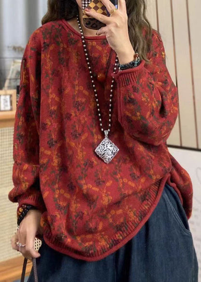 Red O Neck Print Cotton Knit Loose Sweaters Top Spring