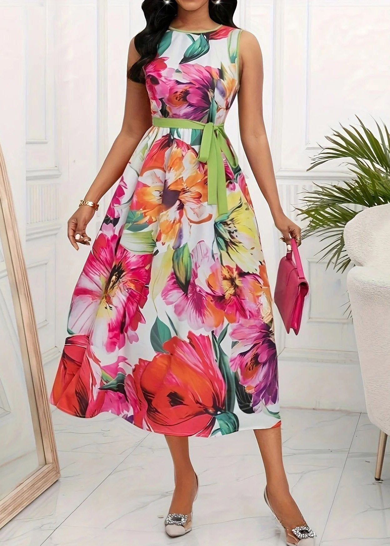 Red O-neck Print Tie Waist Maxi Dress Sleeveless