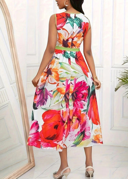 Red O-neck Print Tie Waist Maxi Dress Sleeveless