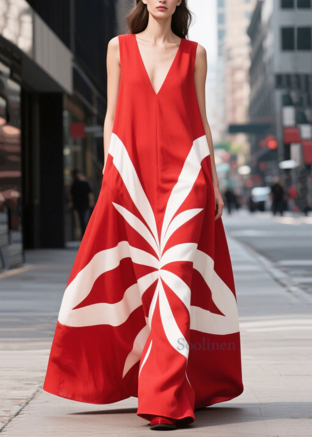 Red Oversized Print Chiffon Holiday Dress Sleeveless