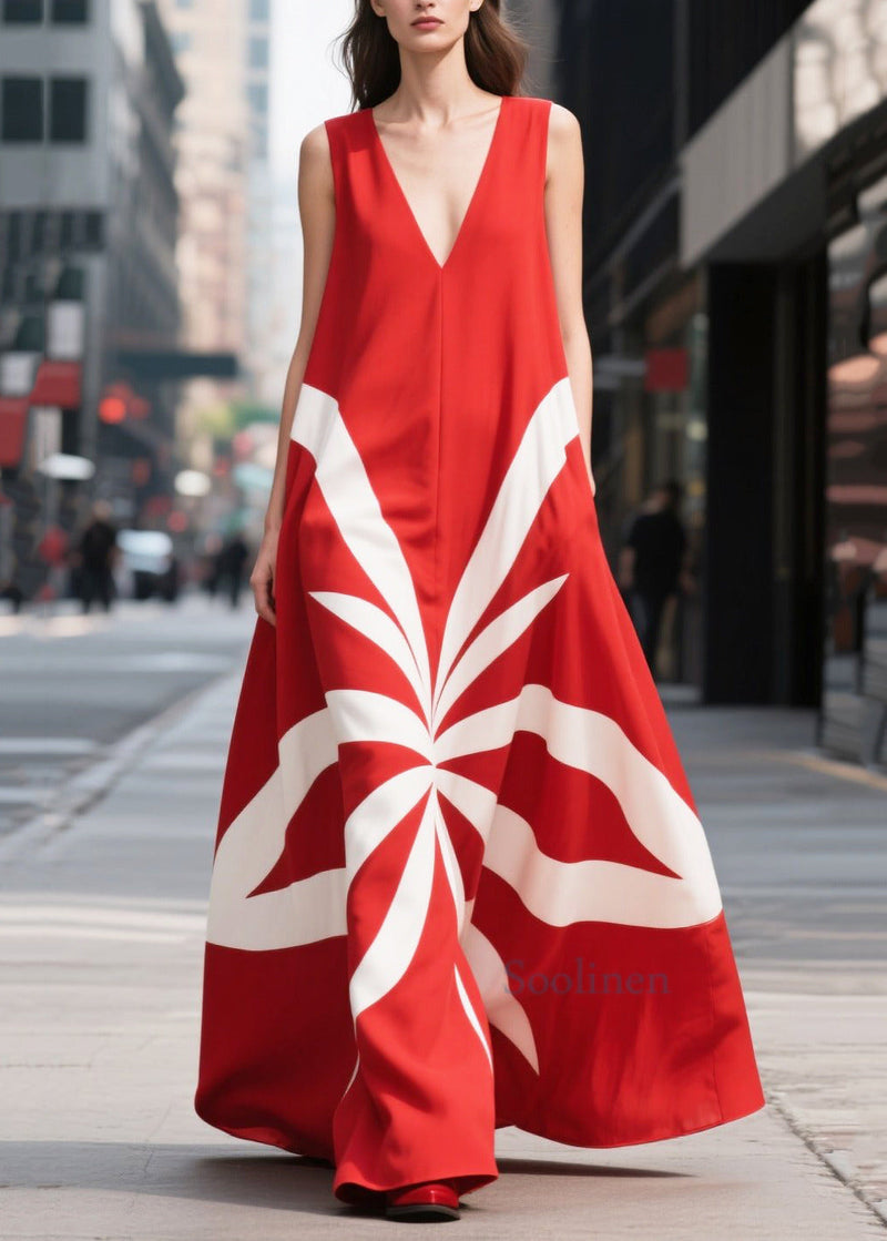 Red Oversized Print Chiffon Holiday Dress Sleeveless