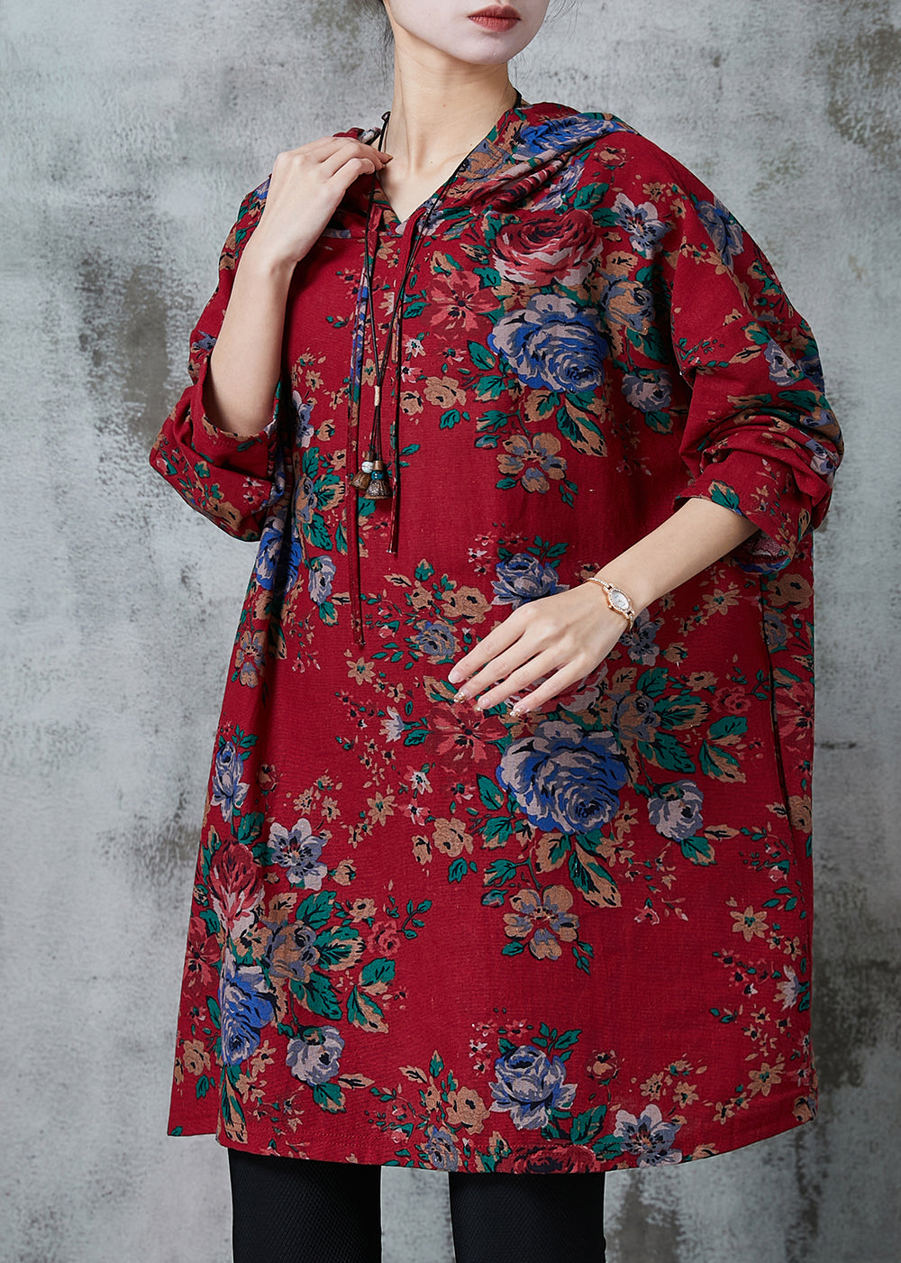 Red Oversized Print Cotton Loose Sweatshirts Dress Spring