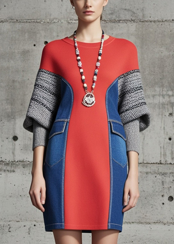 Red Patchwork Denim Cotton Sweatshirts Dress Batwing Sleeve