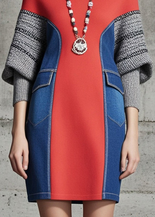 Red Patchwork Denim Cotton Sweatshirts Dress Batwing Sleeve